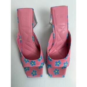 Gianni Bini Pink Floral Daisy Print Clear Lucite Block Heel Mule Size 9.5M